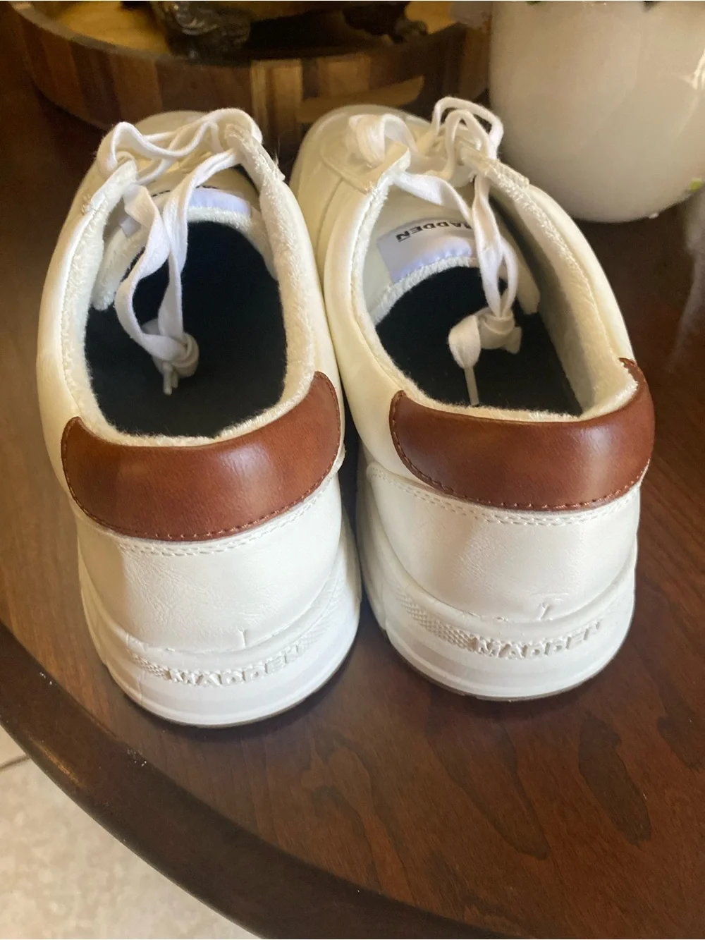 Men’s White Madden Orthopedic Sneakers with Brown Heel Accent
